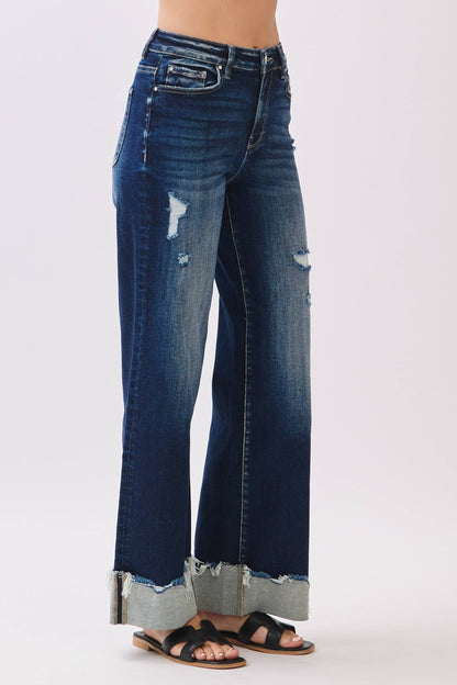 Petra153 - P1554W-DK HIGH RISE STRETCH WIDE LEG W/ CUFFED HEM JEANS