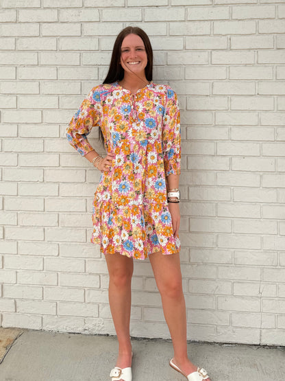 Flower Print Ruffle Tiered Mini Dress with V-Neck Ruffle, Front Tie & Piping