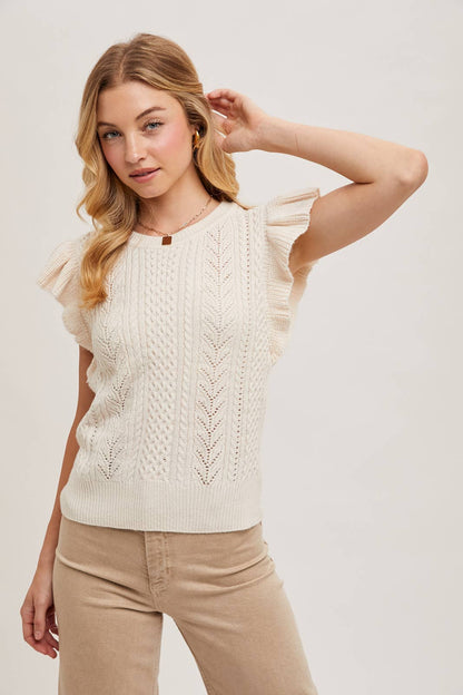 FLUTTER SLEEVED KNIT SWEATER TOP
