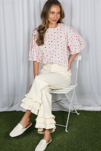 Vine & Love - Colorful Polka Dot Short Ruffle Sleeve Knit Top VT82765A