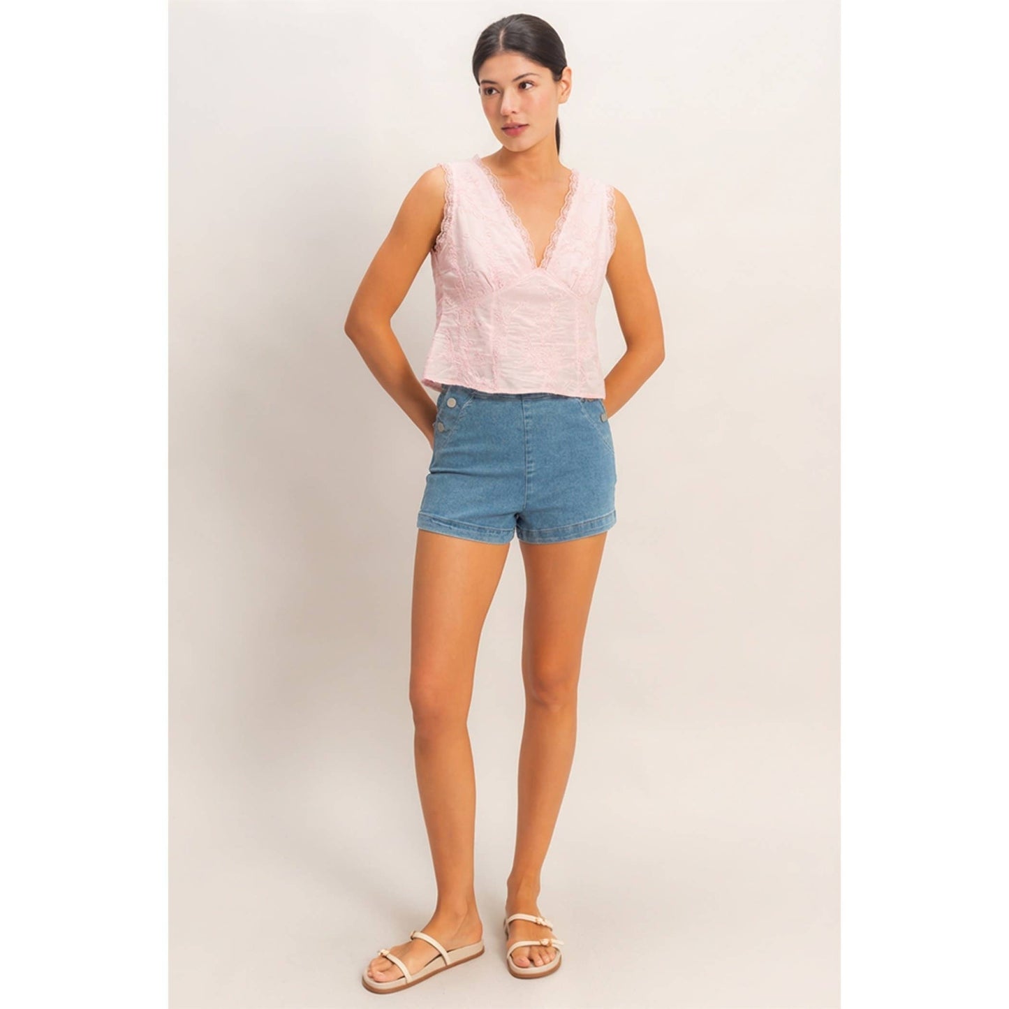 HYFVE - V-Neck Floral Lace Trim Top