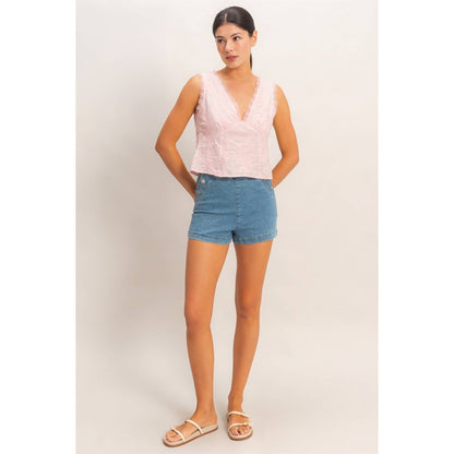 HYFVE - V-Neck Floral Lace Trim Top