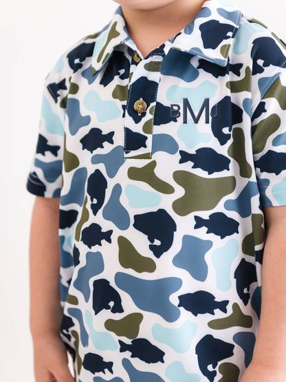 RuffleButts + RuggedButts - Boys Fish Camo Catch Knit Short Sleeve Performance Polo