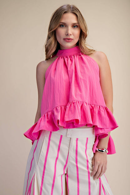 Glam - Halter Neck Sleeveless Back Neck Tie Ruffle Top