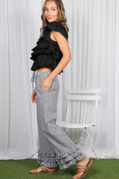 Vine & Love - Gingham Layered Ruffle Hem Cropped Pants VP83333A