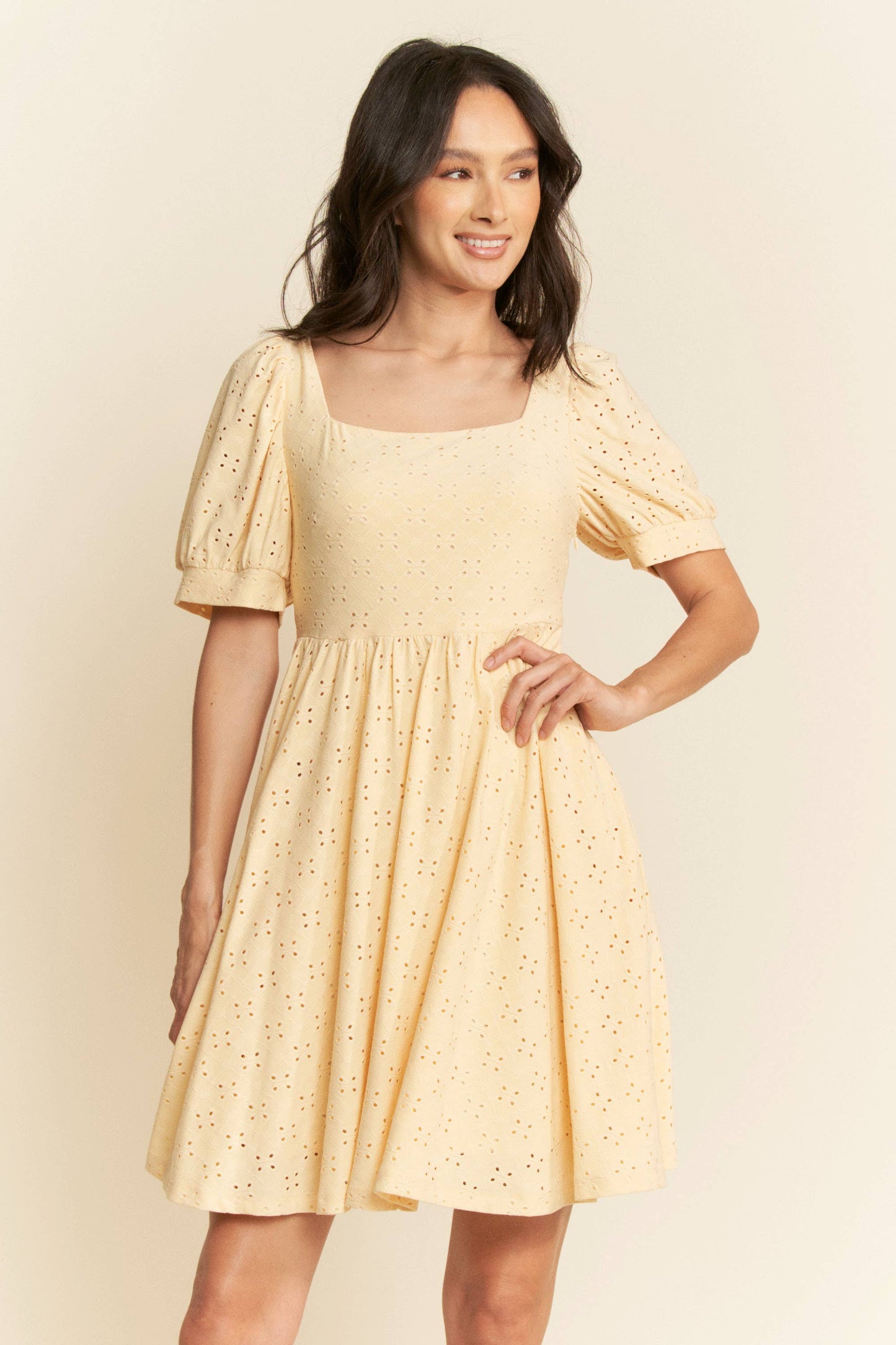 Butter yellow baby doll square neckline dress