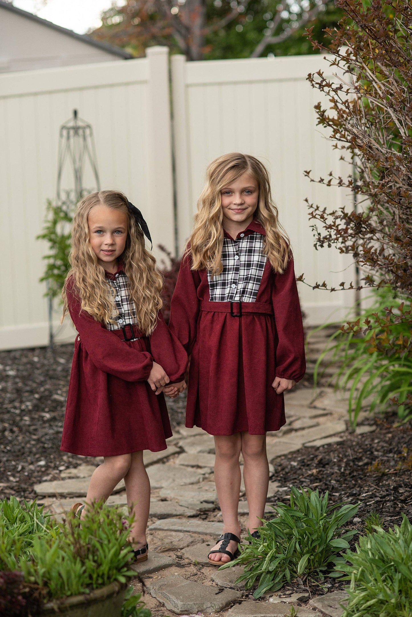 Wren & James - Kids Burgundy Black & White Plaid Yoke Long Sleeve Dress