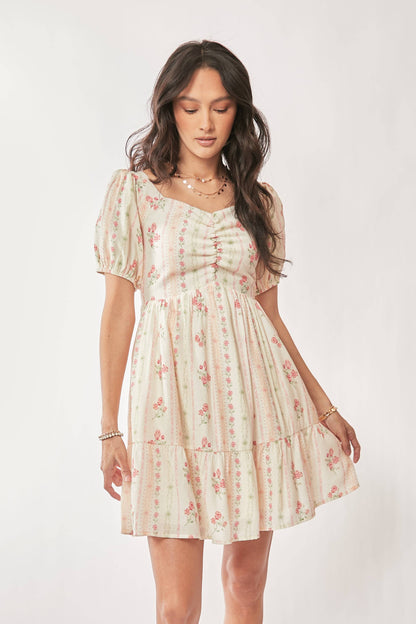 FLORAL SHORT BALLOON SLEEVE POCKET MINI DRESS
