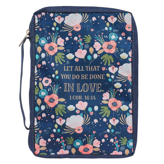 Christian Art Gifts - Bible Cover Value Navy/Floral Printed Let Love 1 Cor. 16:14