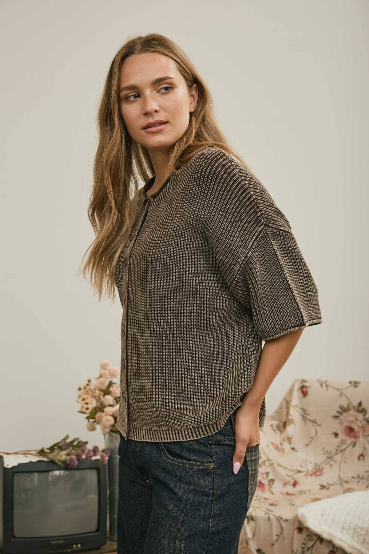 WASHED RIBBED SHORT SLEEVE ROLLED EDGE CARDIGAN