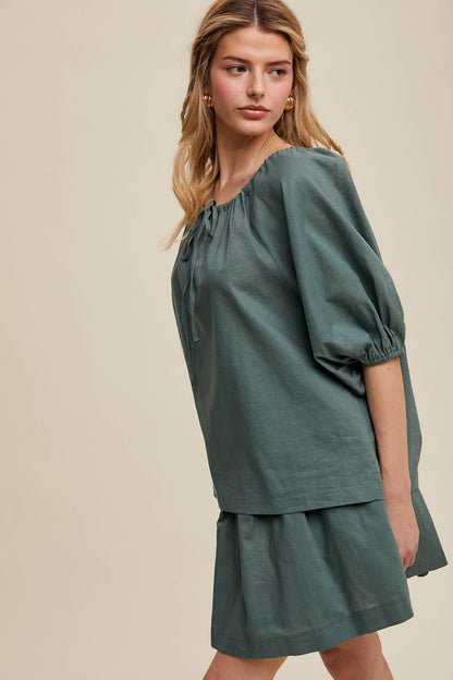 Listicle - Linen Puff Sleeve Blouse & Pleated Skirt Set