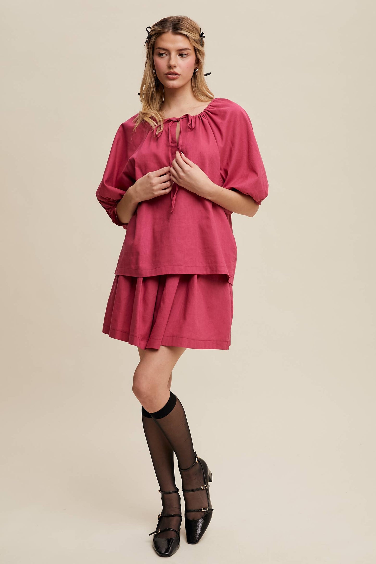 Listicle - Linen Puff Sleeve Blouse & Pleated Skirt Set