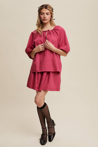 Listicle - Linen Puff Sleeve Blouse & Pleated Skirt Set
