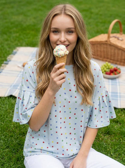 Vine & Love - Colorful Polka Dot Short Ruffle Sleeve Knit Top VT82765A