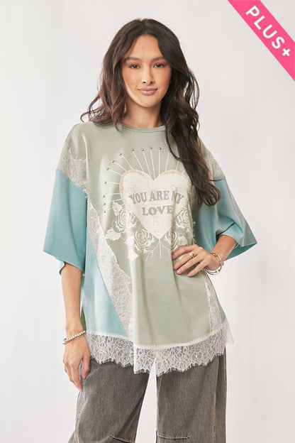 PLUS YOU ARE MY LOVE PRINT LACE SHORT SLEEVE TOP