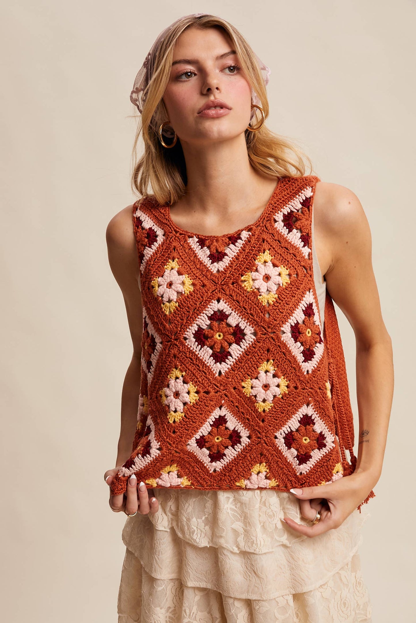 Crochet Granny Square Tassel Tie Vest