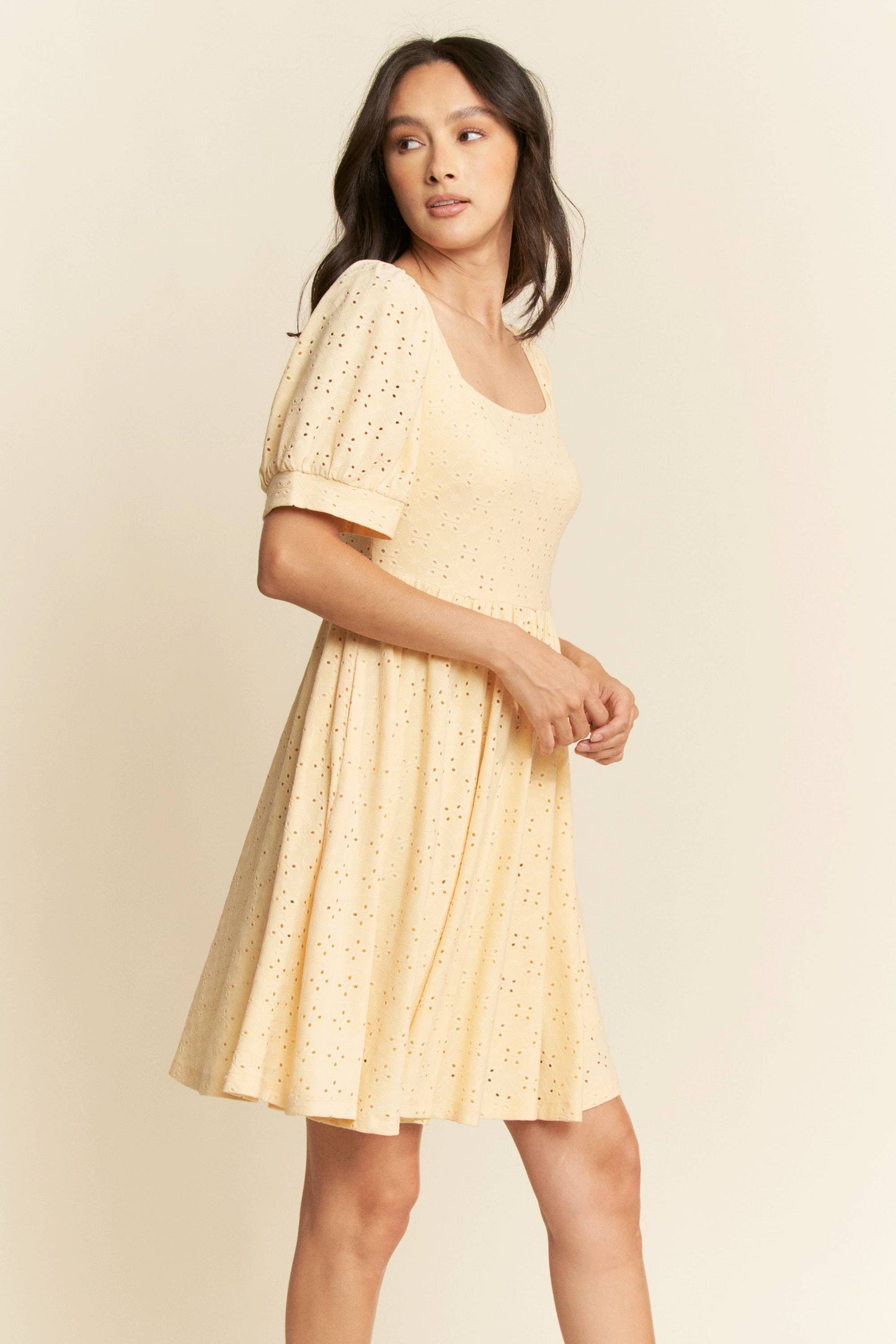 Butter yellow baby doll square neckline dress