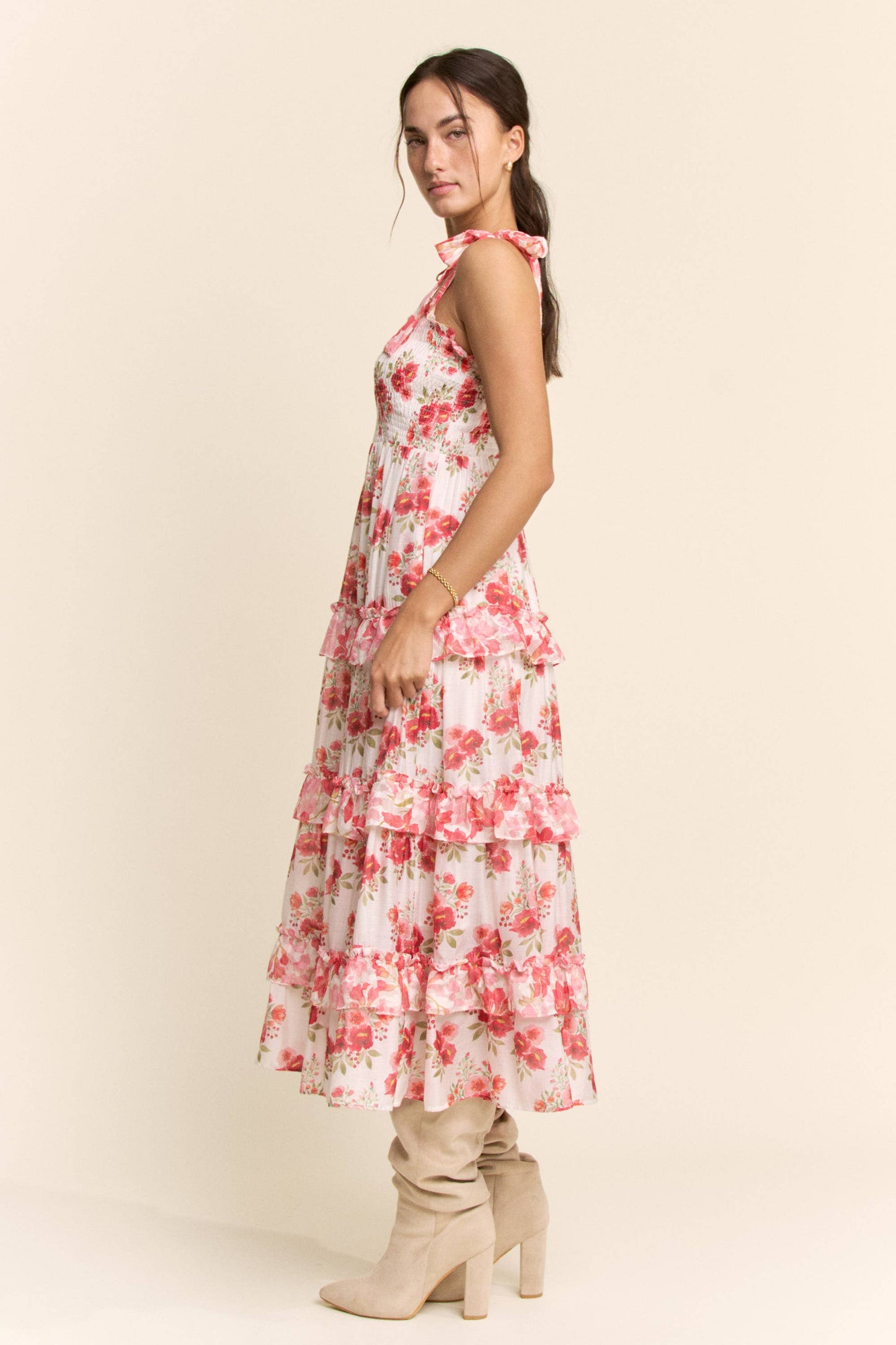 Davi & Dani - GARDEN FLORAL RUFFLE SMOCK SHOULDER MIDI DRESS