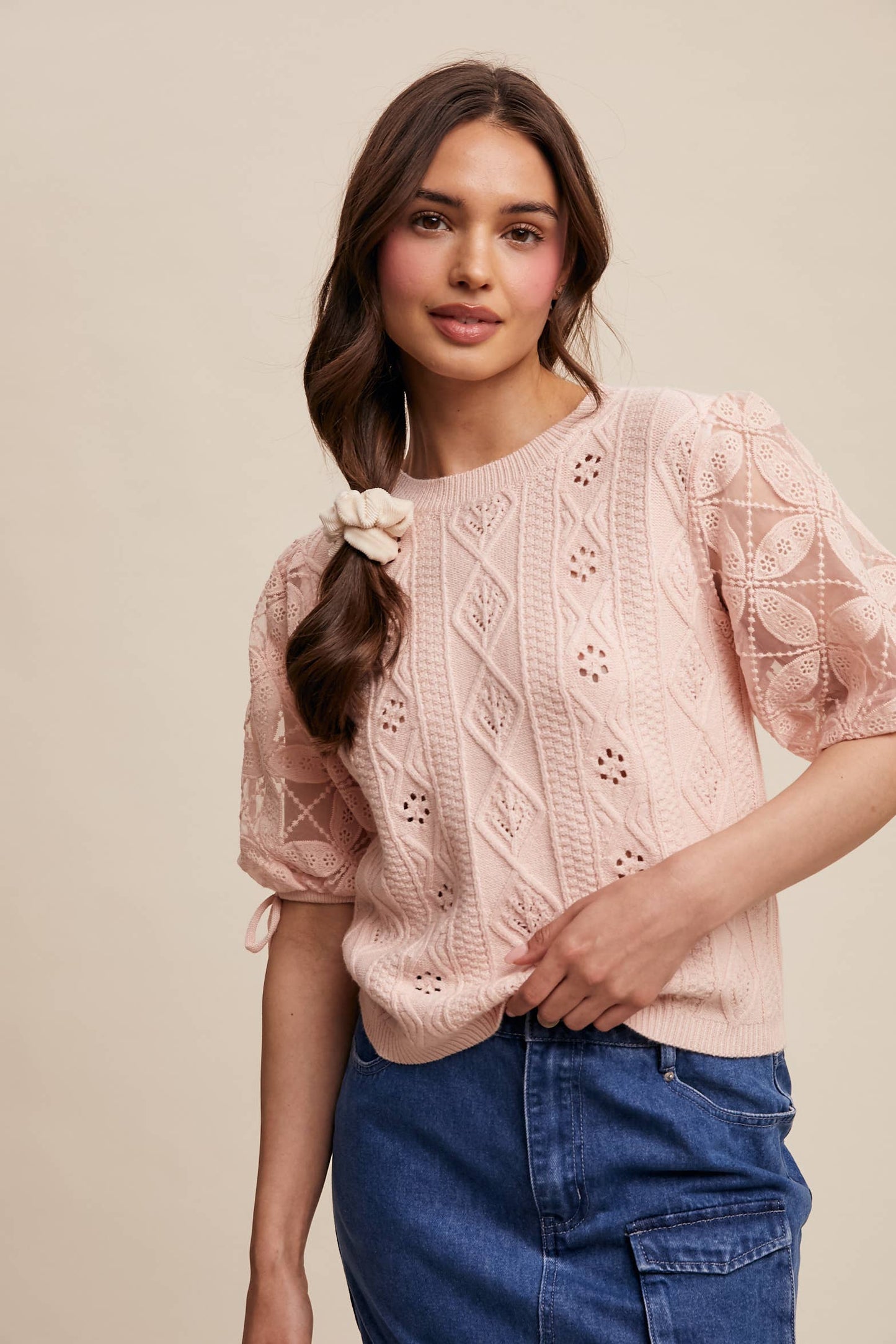 Listicle - Eyelet Puff Sleeve Knit Sweater Top