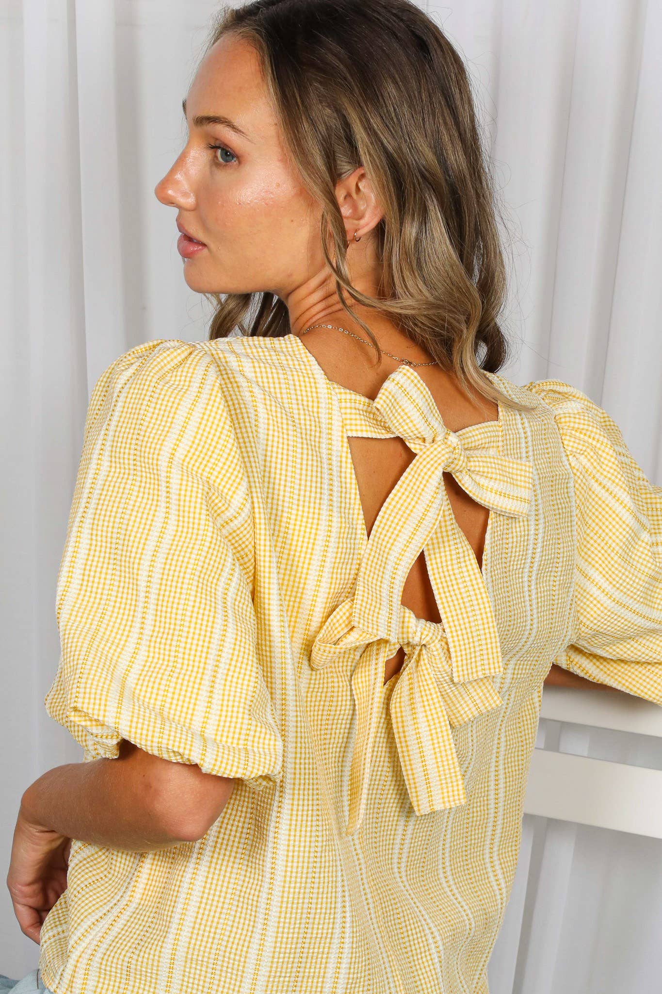V-Back 2 Bow Accent Feminine Plaid Blouse Top