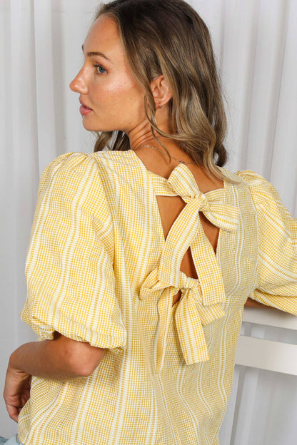 V-Back 2 Bow Accent Feminine Plaid Blouse Top