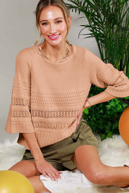 Vine & Love - Round Neck 3/4 Sleeve Crochet Knitted Sweater Top VT81853
