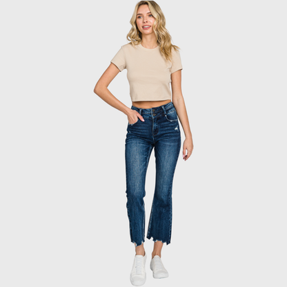 Petra153 - P797AHB-DK HIGH RISE CROP BOOTCUT JEANS W/ FRAYED HEM