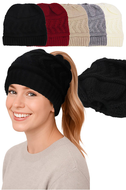 Cap Zone - Classic Ponytail Chevron Cable Knitted Beanie