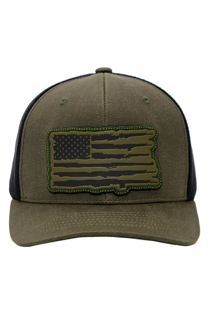 Cap Zone - Rifle American Flag Oiled Faux Leather Trucker Hat