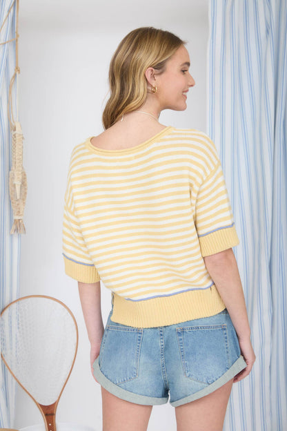 Blu Pepper - STRIPE RAW EDGE DETAIL CONTRAST TRIM SWEATER : BUTTER YELLOW