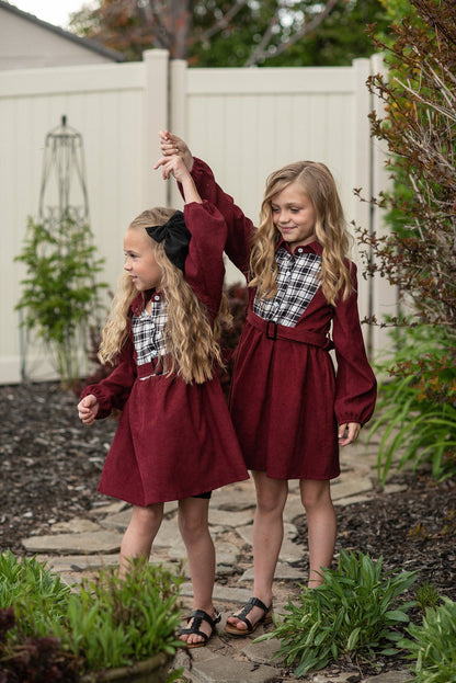 Wren & James - Kids Burgundy Black & White Plaid Yoke Long Sleeve Dress