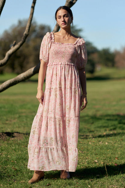 Davi & Dani - SMOCKED SQUARE NECK TIERED FLORAL MAXI DRESS