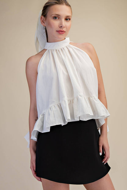 Glam - Halter Neck Sleeveless Back Neck Tie Ruffle Top