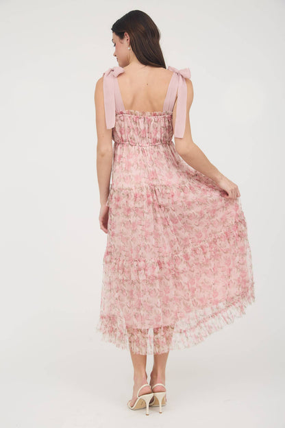 FLORAL TIE STRAP RUFFLE TRIM TIERED MAXI DRESS