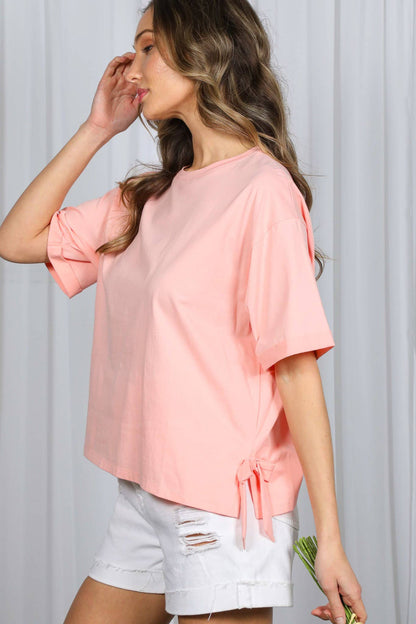 Vine & Love - Bow With Side Slit 100% Cotton Knit Top VT82807-