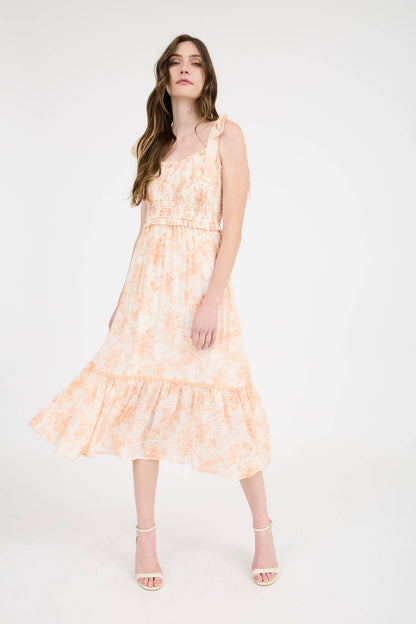 Blu Pepper - FLORAL SMOCKED SWEETHEART  RUFFLE TRIM MIDI DRESS