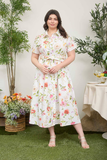Blu Pepper - PLUS FLORAL SHORT SLEEVE BELTED MIDI SHIRT DRESS