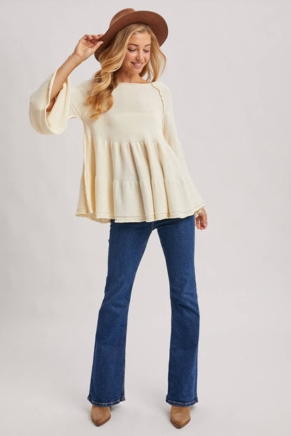Bluivy - OVER STITCH TIERED BABY DOLL BELL SLEEVED SWEATER