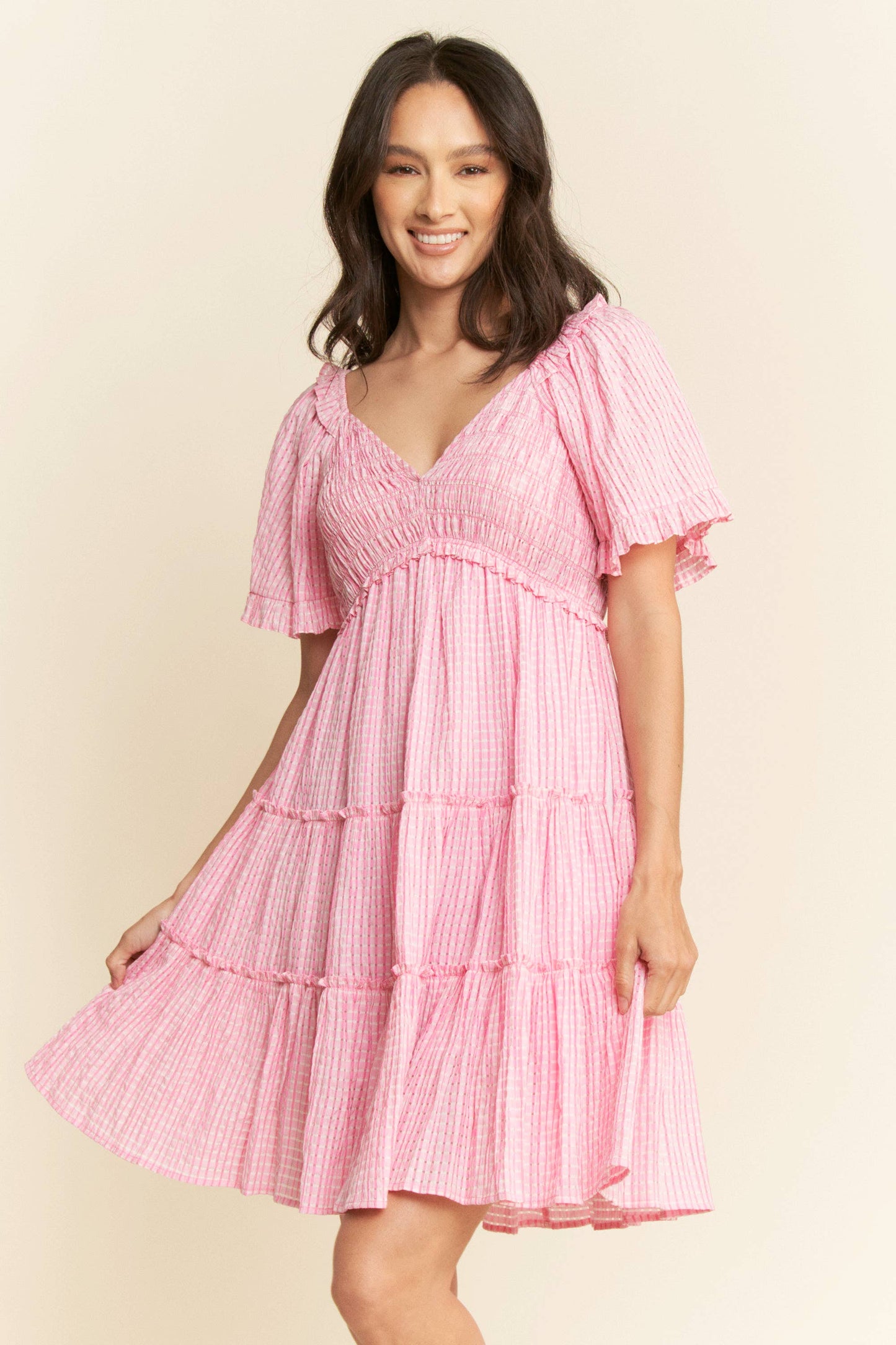 PLUS SMOCKING BODICE RUFFLE SLEEVE TIERED DRESS