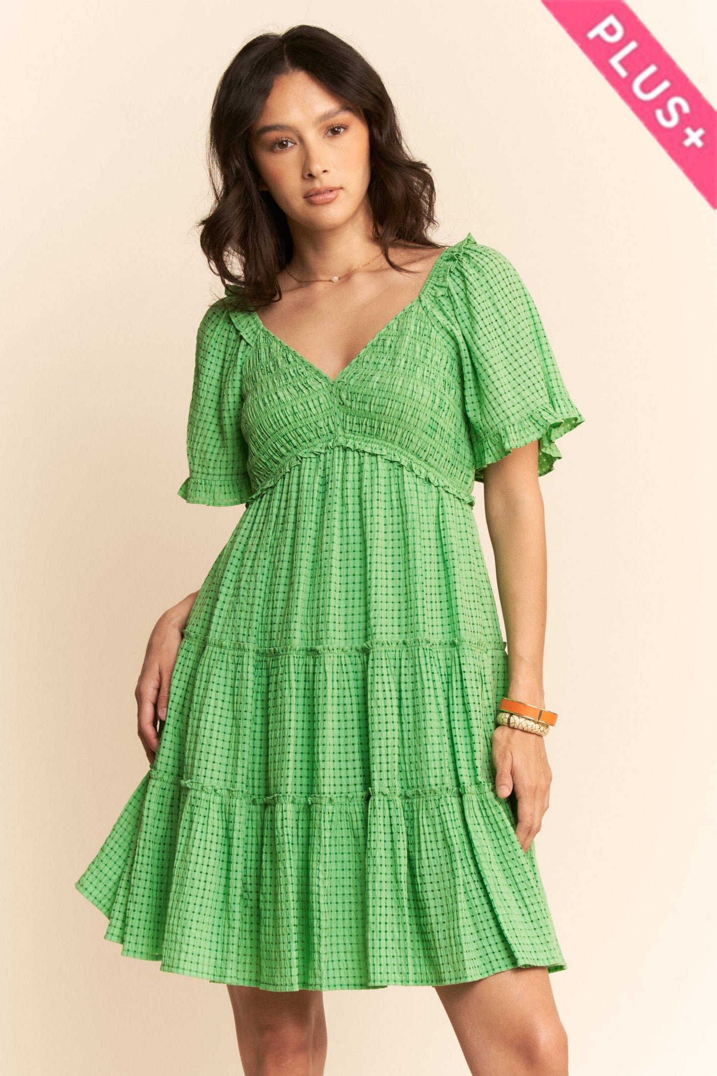 PLUS SMOCKING BODICE RUFFLE SLEEVE TIERED DRESS