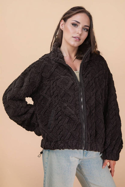 VERY J - NJ90433- Fuzzy Fleece Cozy Cable Pattern Zip Up Jacket