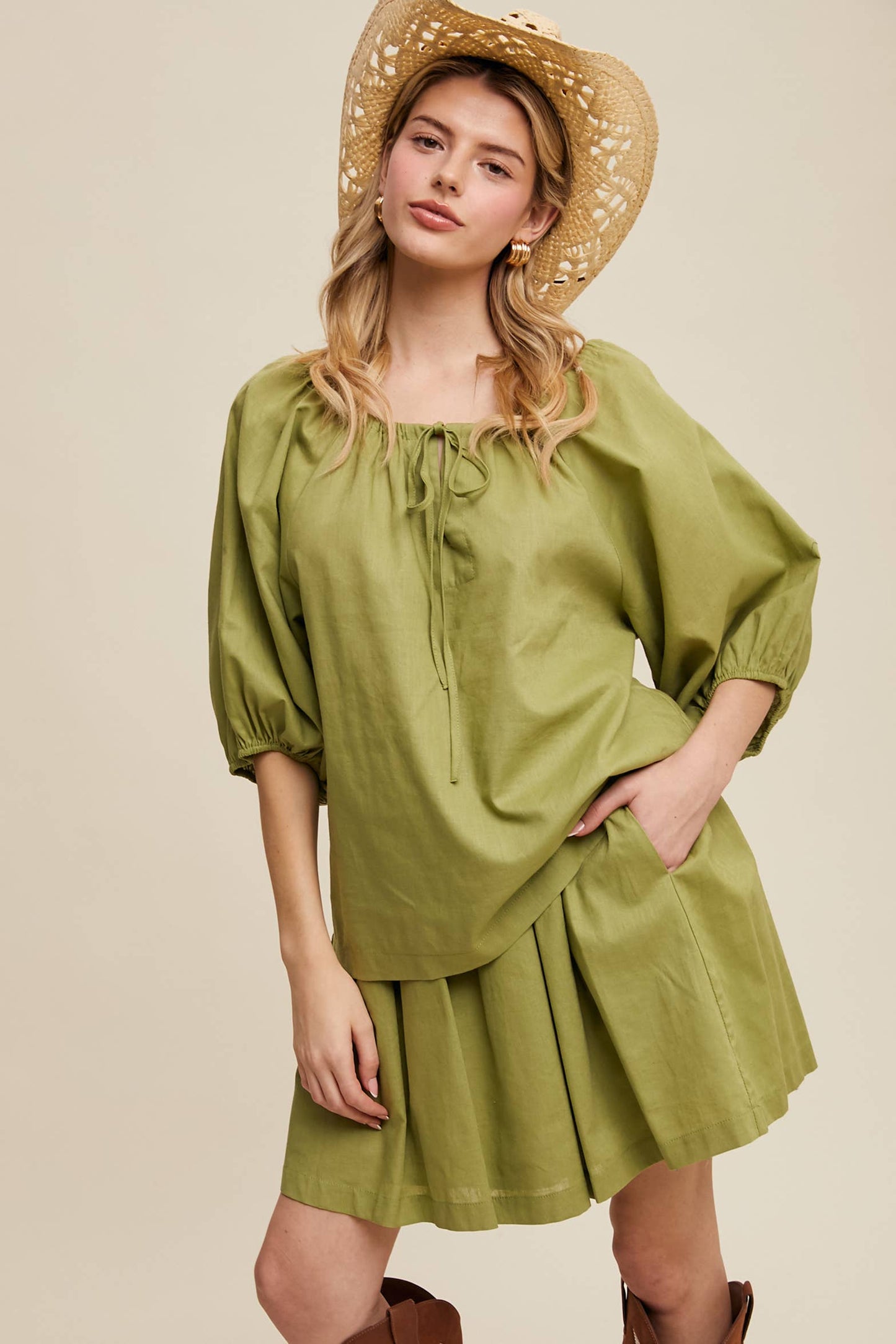 Listicle - Linen Puff Sleeve Blouse & Pleated Skirt Set