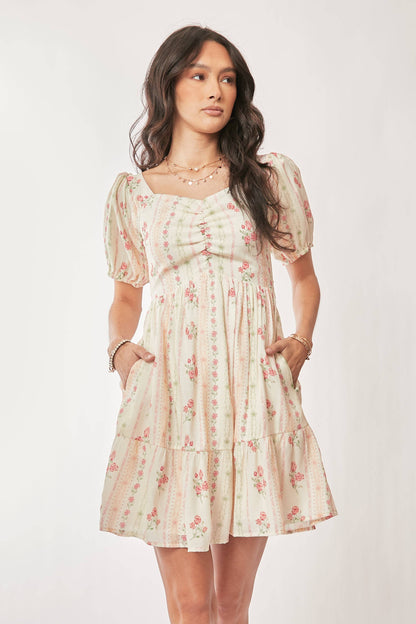 FLORAL SHORT BALLOON SLEEVE POCKET MINI DRESS