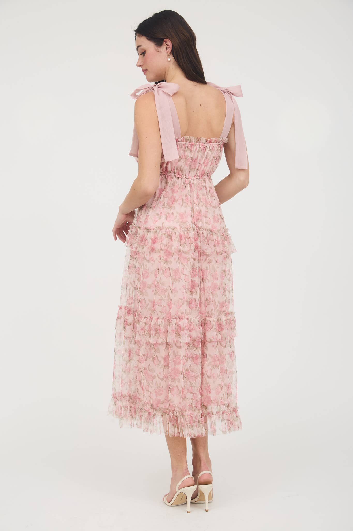 FLORAL TIE STRAP RUFFLE TRIM TIERED MAXI DRESS