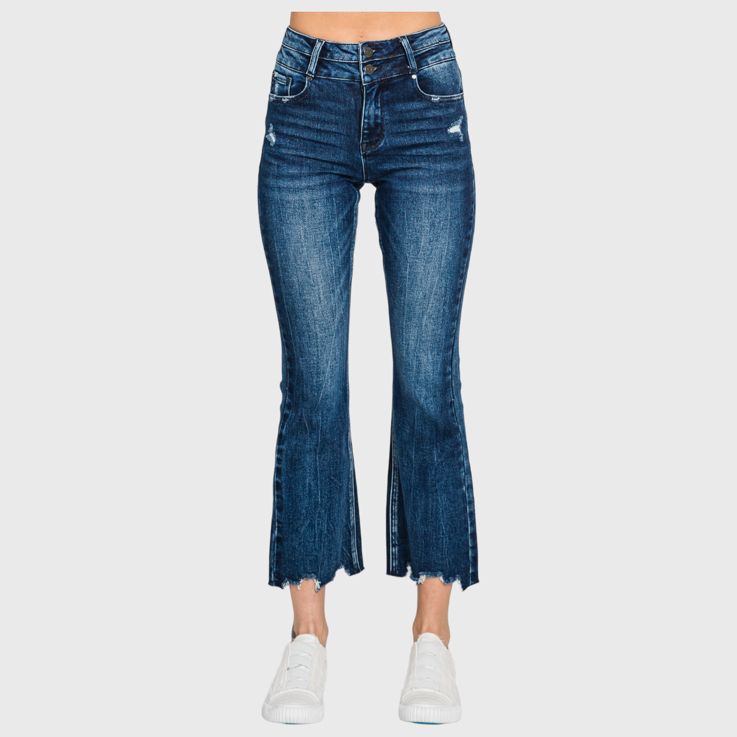 Petra153 - P797AHB-DK HIGH RISE CROP BOOTCUT JEANS W/ FRAYED HEM