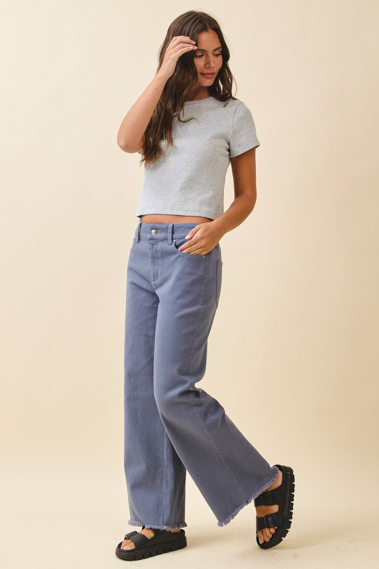 AEMI + CO - 7164GK Wide Leg Raw Hem Denim Pants