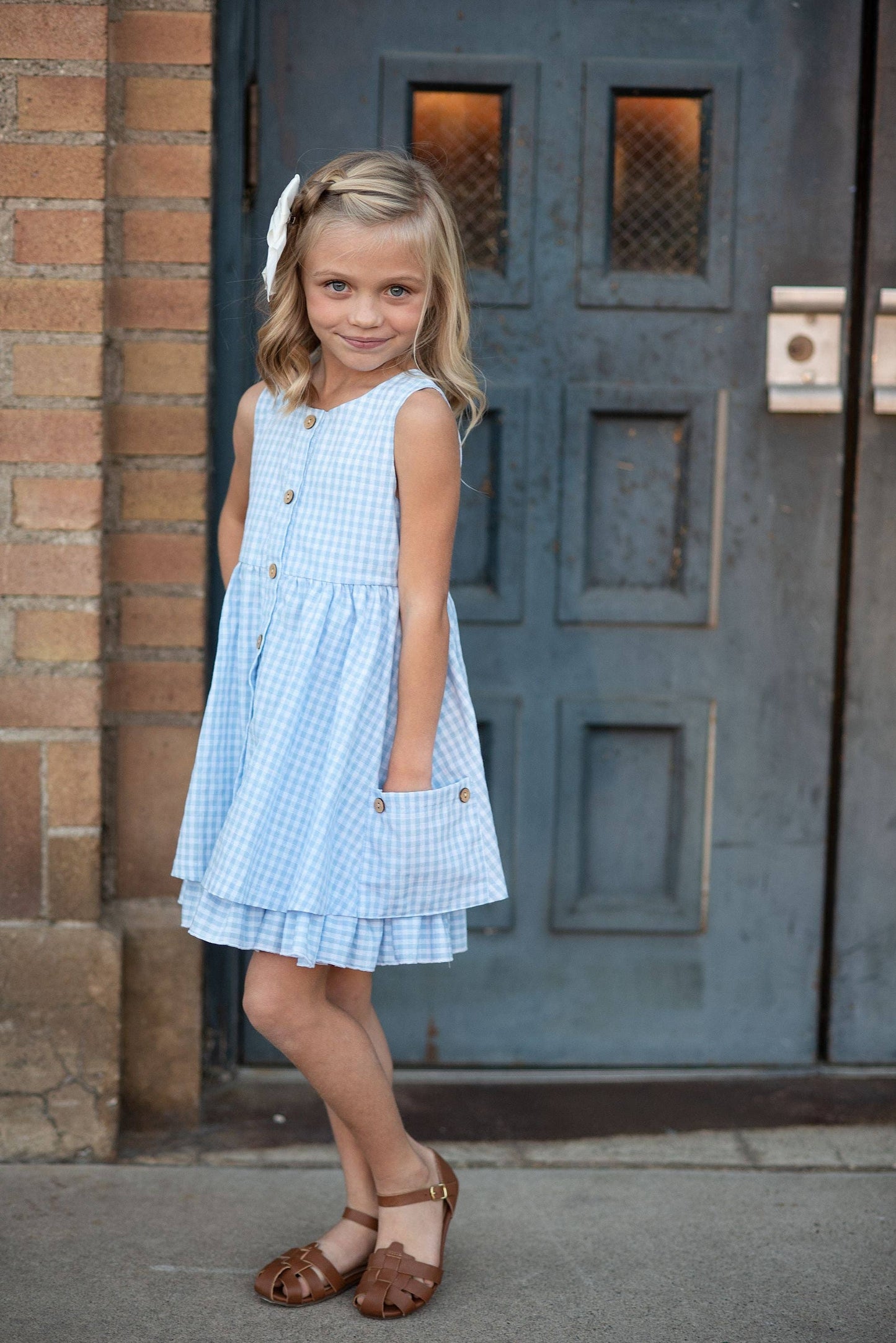 Kids Blue & White Gingham Check Pocket Ruffle Spring Dress