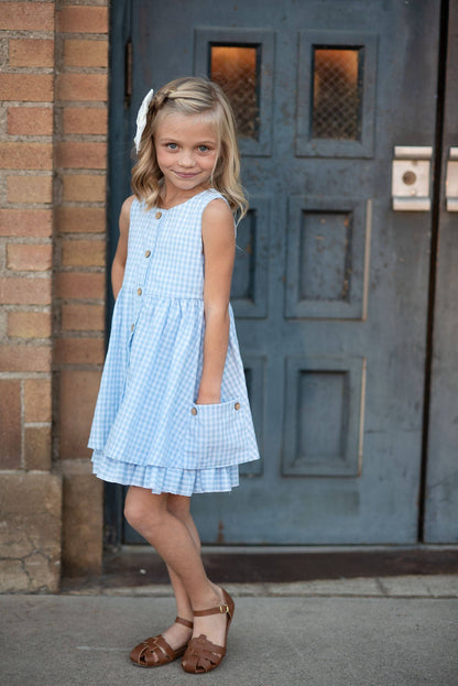 Kids Blue & White Gingham Check Pocket Ruffle Spring Dress