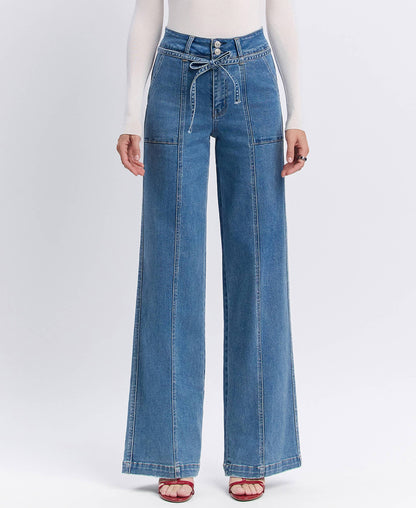 VERVET by FLYING MONKEY - SUPER HIGH RISE TIE WAISTBAND WIDE LEG JEANS T6765