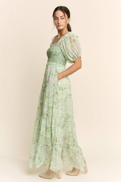 Davi & Dani - SMOCKED SQUARE NECK TIERED FLORAL MAXI DRESS